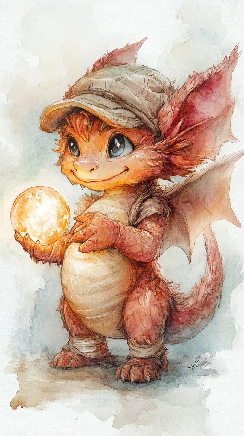 Winziger Babydrache mit leuchtendem Bauch und Lichtkugel
