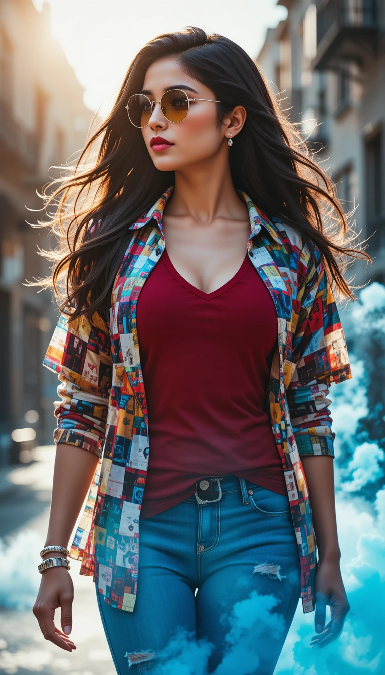 Póster cinematográfico de doble exposición de mujer elegante con gafas de sol