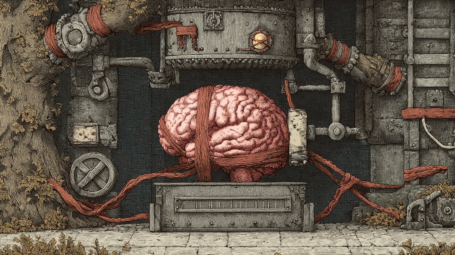 Cérebro surreal saindo de uma máquina de salsicha steampunk
