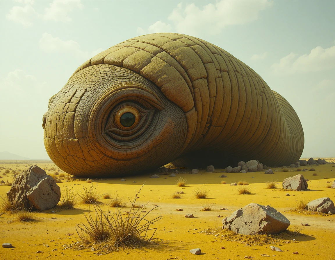 Lagarta digital surreal em um estranho deserto amarelo