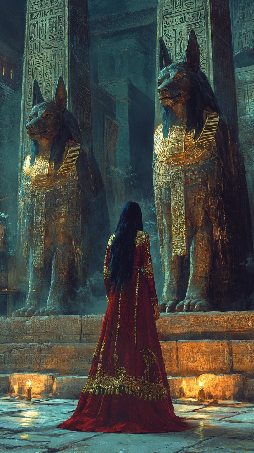 Ägyptische Königin in roter Abaya zwischen kolossalen Anubis-Statuen