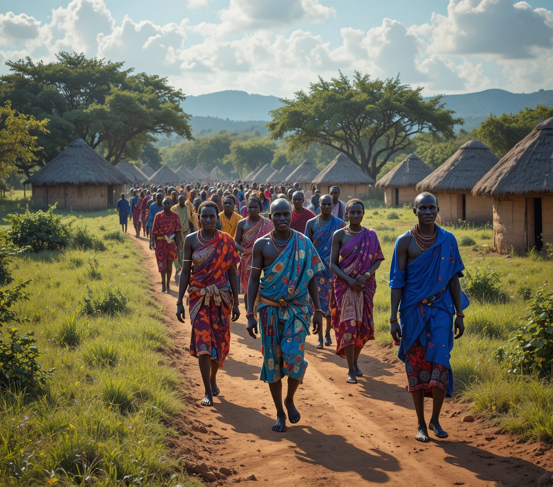 Maasai-Dorfbewohner gehen durch ein sonniges ländliches Dorf in Tansania