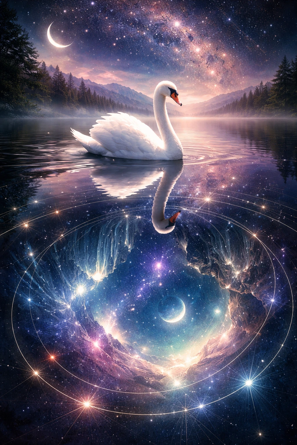 Cygne élégant glissant sur un lac surréaliste parfaitement réfléchissant