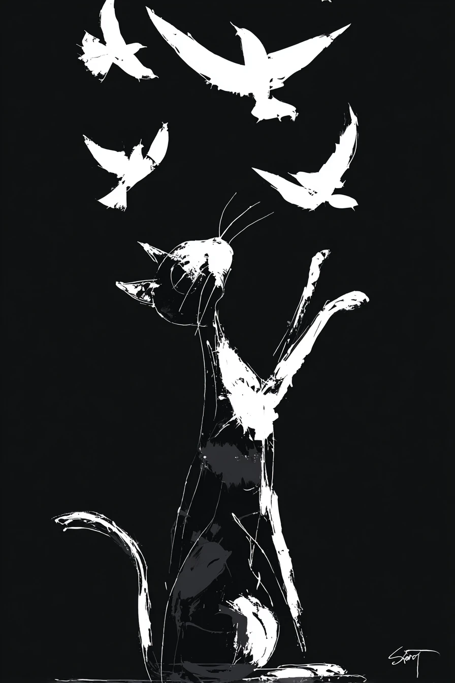 Abstract monochrome Siamese cat reaching toward flying birds