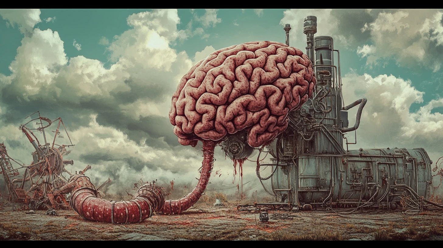 Cervello surreale che emerge da una macchina per salsicce steampunk