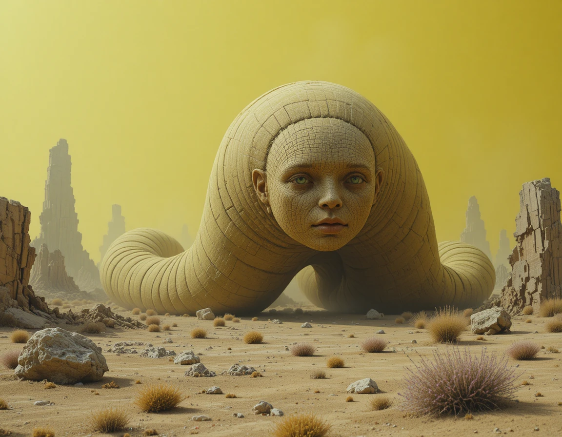 Gigantesco bruco ingenuo che vaga in un deserto surreale