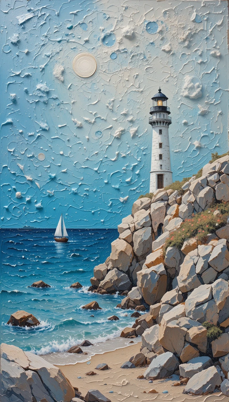 Pintura a óleo de um farol à beira-mar com veleiro