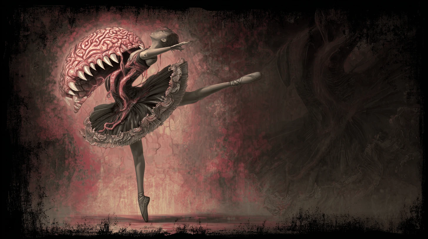 Surreale Feen-Ballerina mit monströsen Zähnen und freiliegendem Gehirn