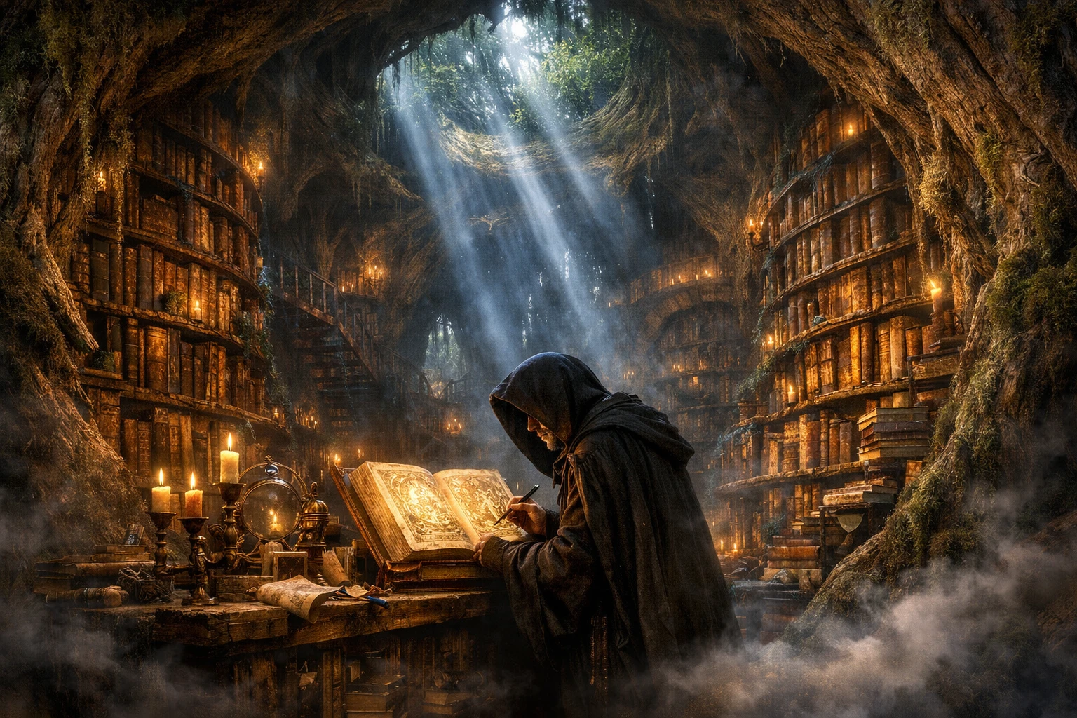Biblioteca Surreal na Árvore Banho de Brilho Lunar da Floresta