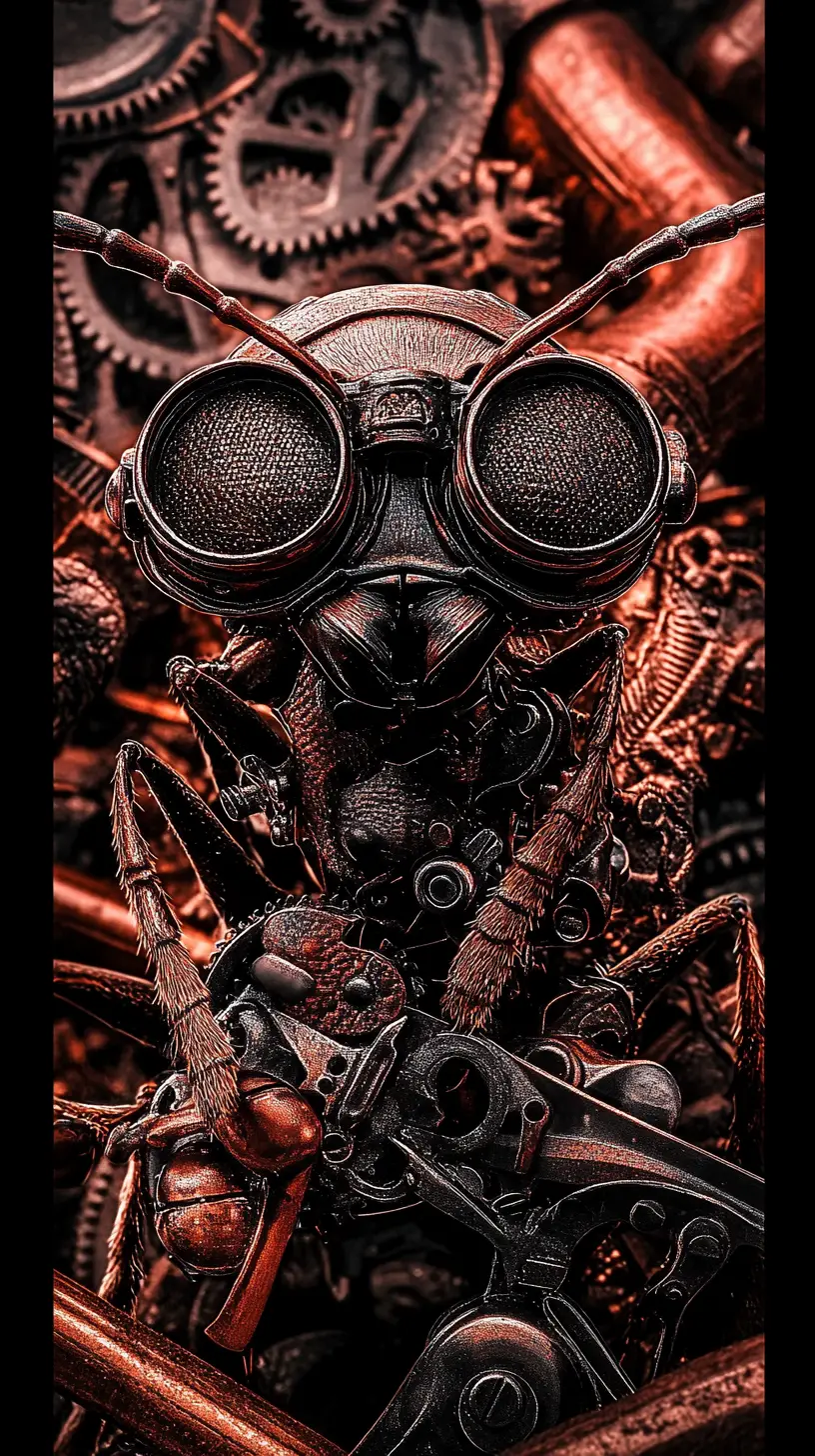 Steampunk-Ameise mit Schutzbrille zwischen Rohren und Uhrwerk