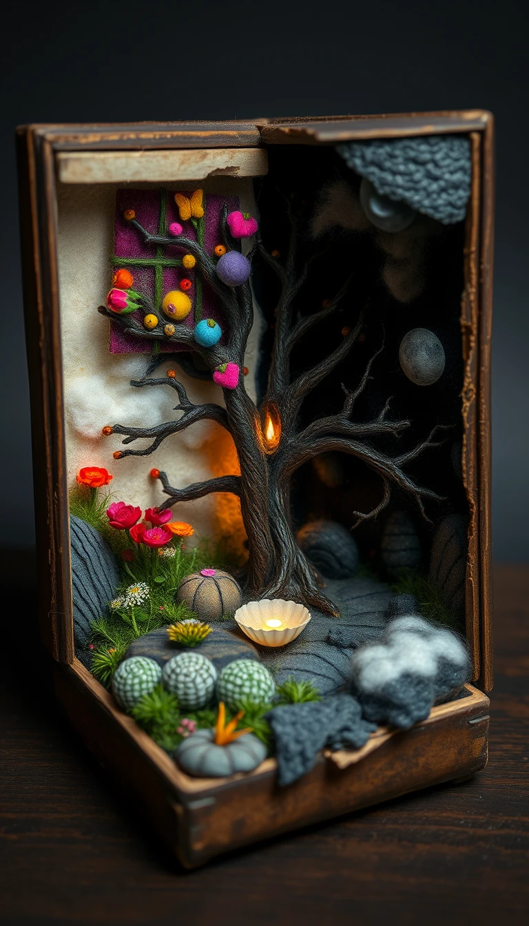 Diorama em feltro em miniatura de dois mundos de fantasia contrastantes