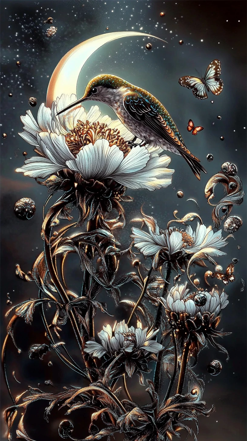 Arte em Linha de Beija-flor com Lua Crescente e Flores de Cosmos