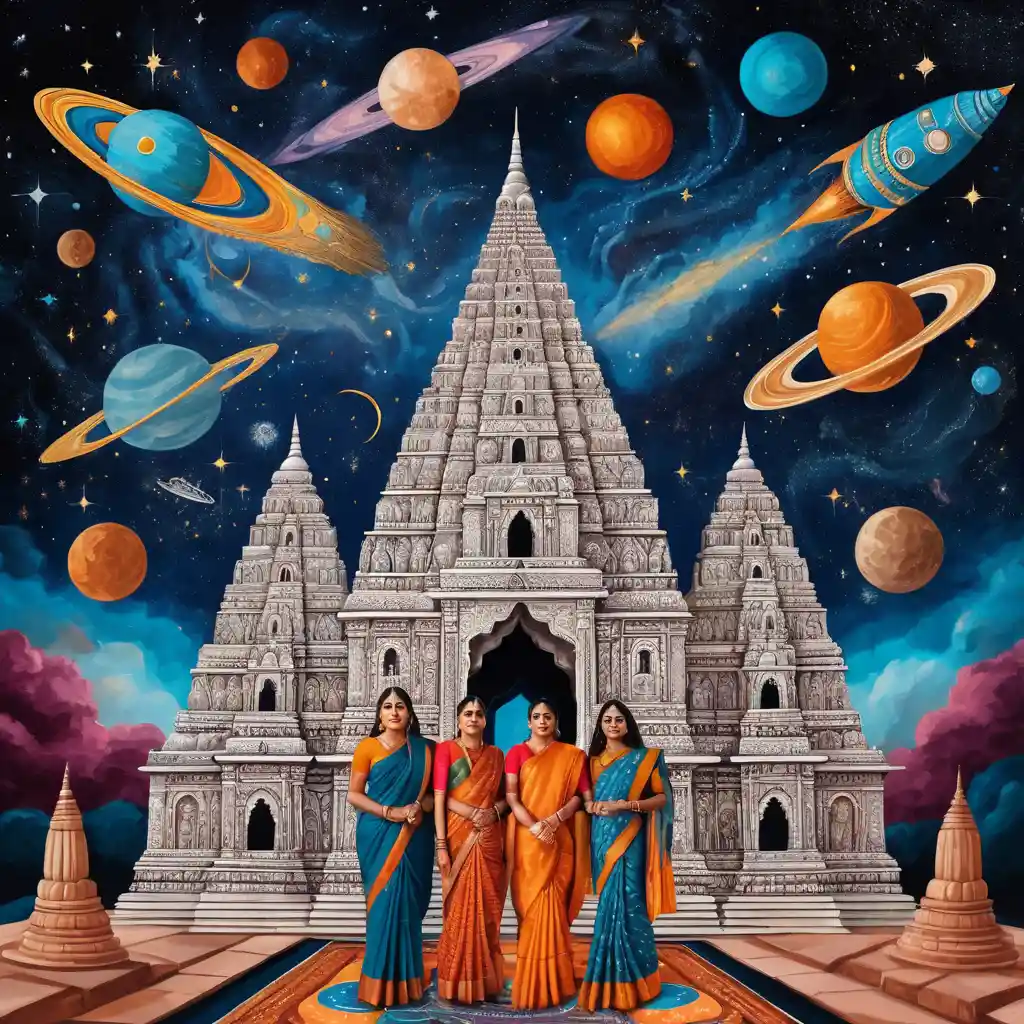 Astronautas de Sári Explorando um Mítico Mural Cósmico