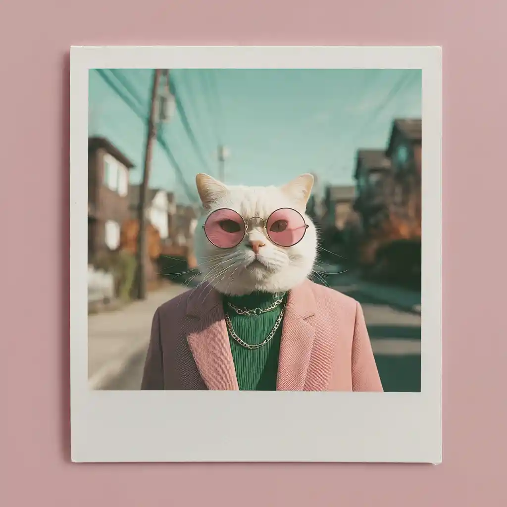 Stilvolle British-Shorthair-Katze im Retro-Polaroid-Modeporträt