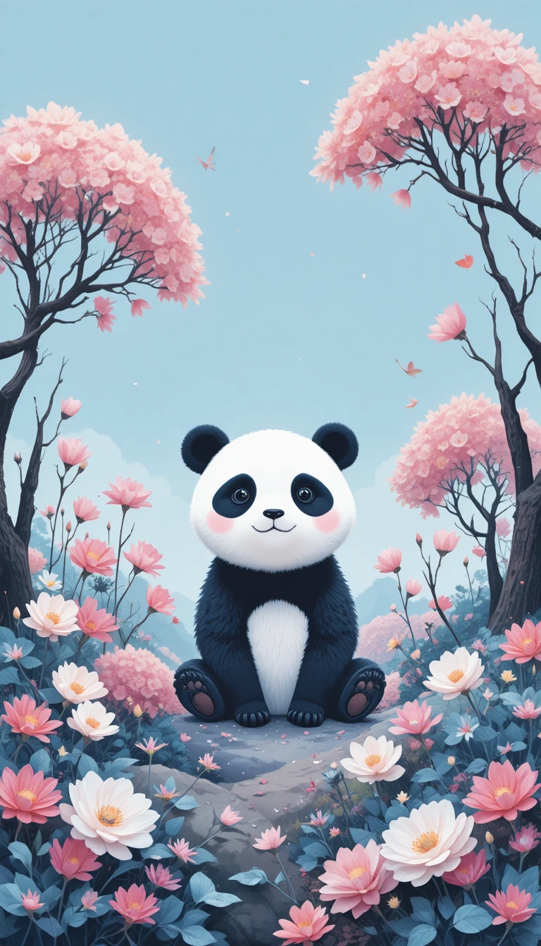Panda sonhador entre flores em um jardim azul suave
