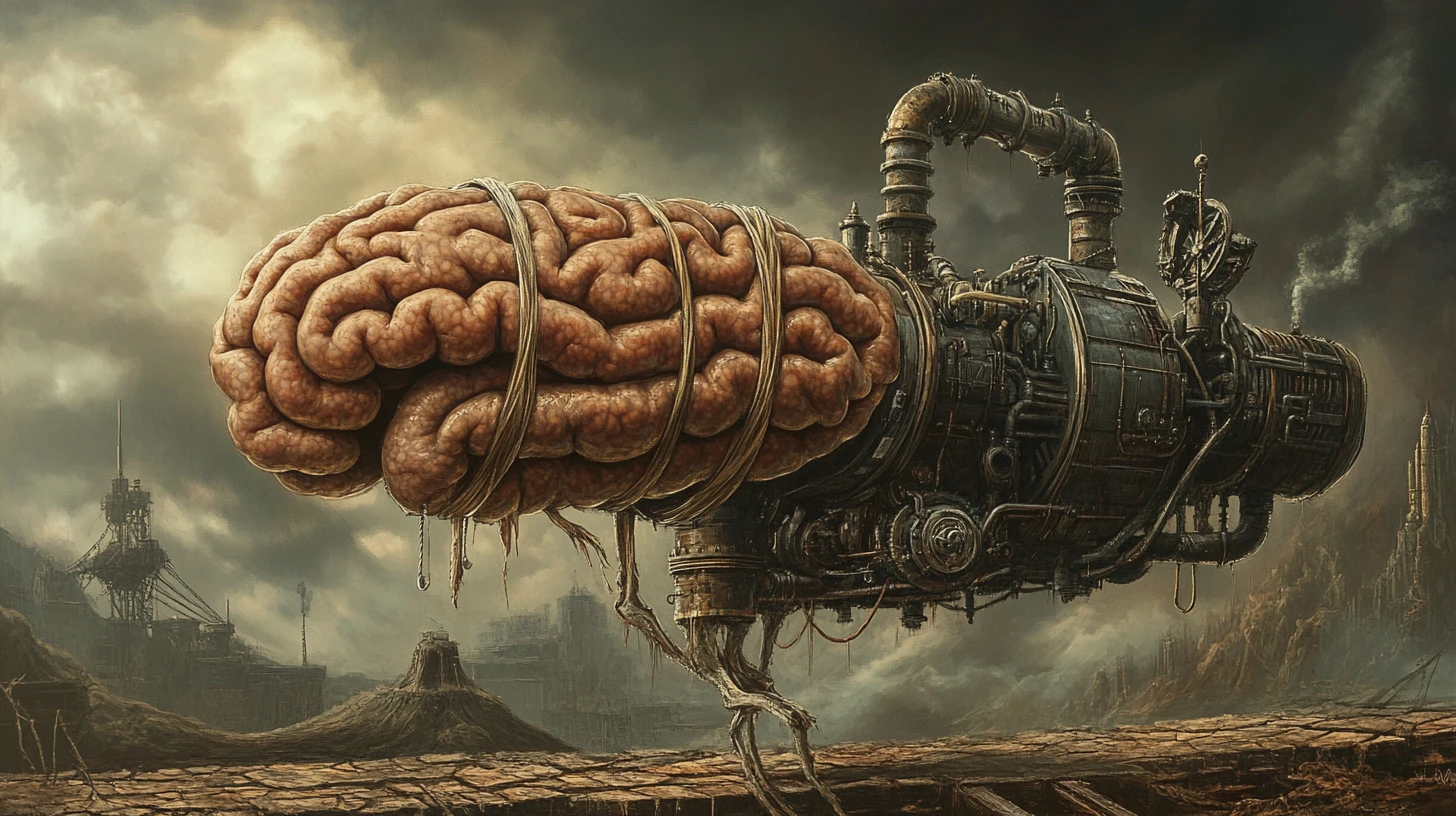 Surrealistisches Gehirn, das aus einer Steampunk-Wurstmaschine hervorkommt