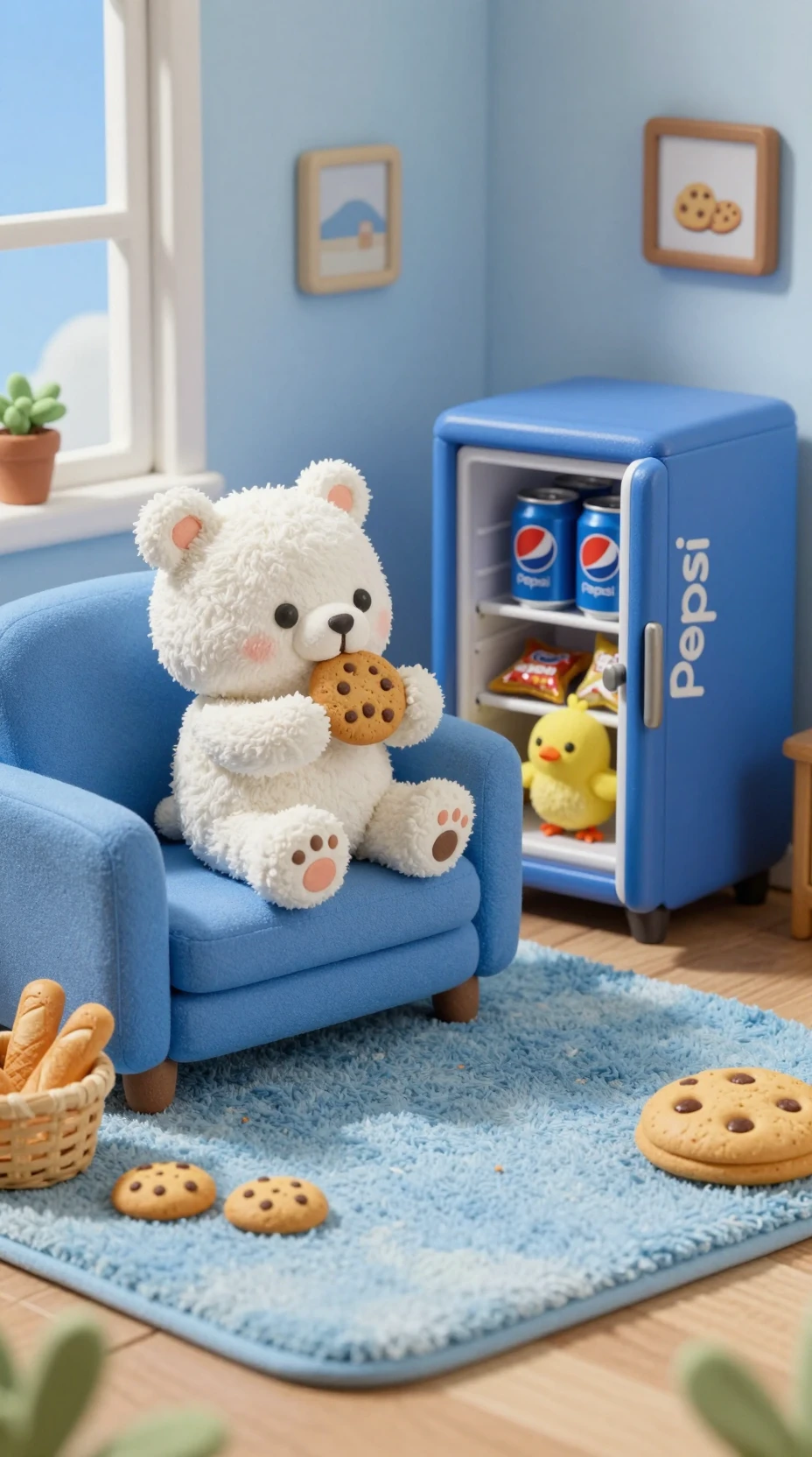 Niedlicher Teddybär auf blauem Sofa in gemütlichem Knetanimationszimmer
