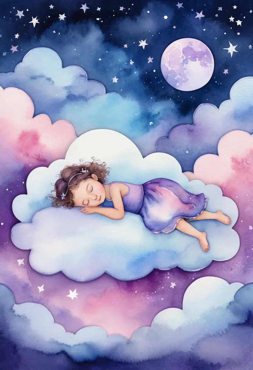 Sleeping fairy resting on a cloud under starry night sky