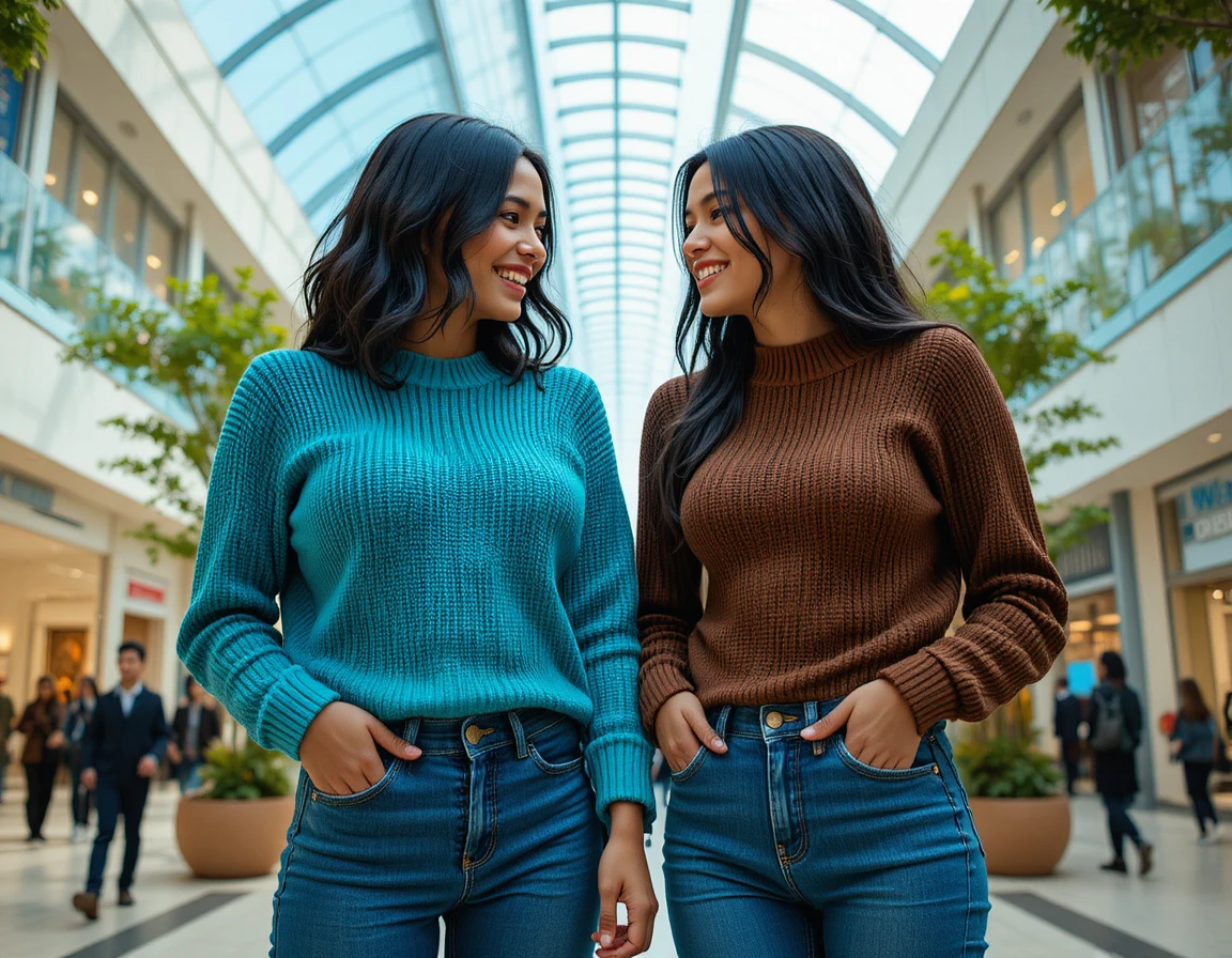 Duas jovens sorrindo juntas em um shopping moderno
