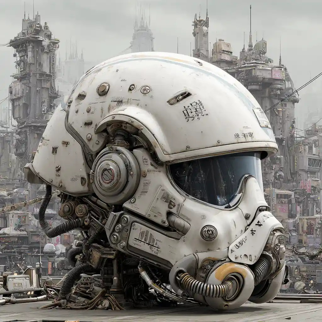 Cyberpunk Japanese wasteland spaceship with armored helmet design