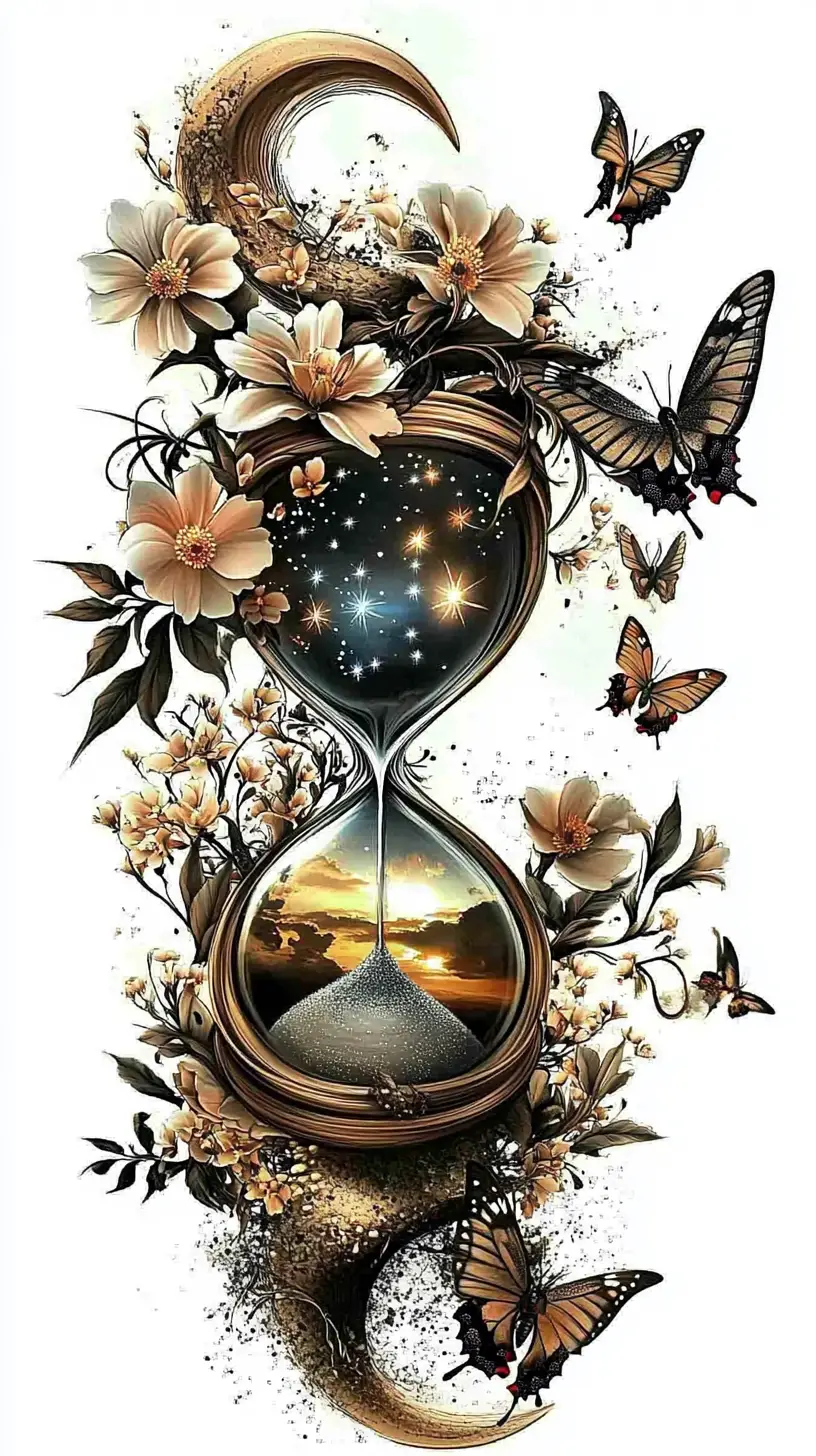 Design di Tatuaggio Line Art con Clessidra, Stelle e Fiori