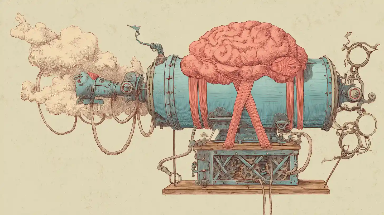 Surreales Gehirn, das aus einer Steampunk-Wurstmaschine hervorkommt