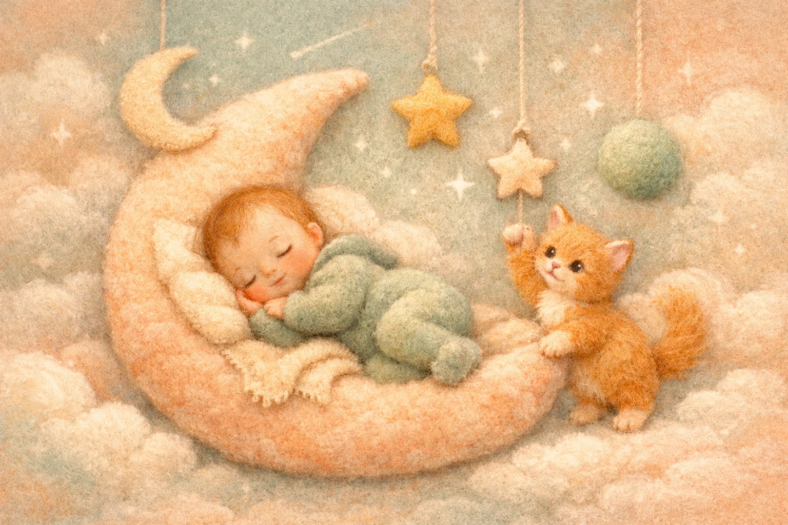 Bebê descansando em almofada de lua com gatinho brincalhão
