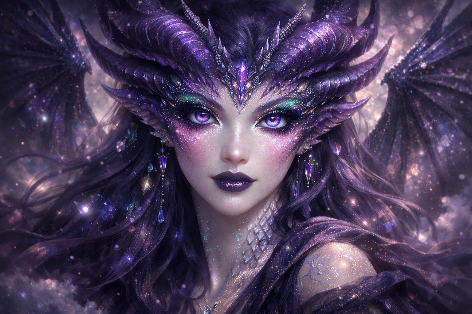 Dream dragon goddess with luminous cosmic violet eyes