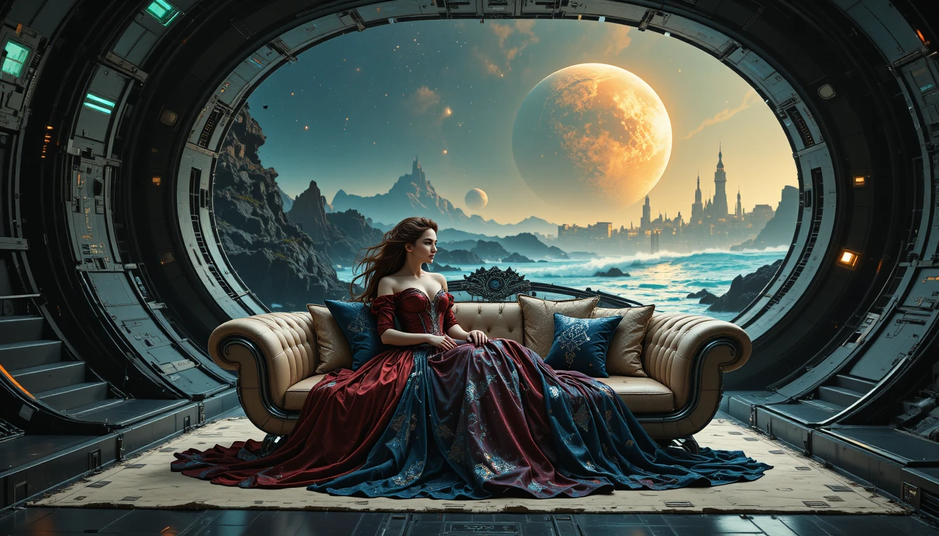 Gothic queen on black sand shore beneath colossal red planet