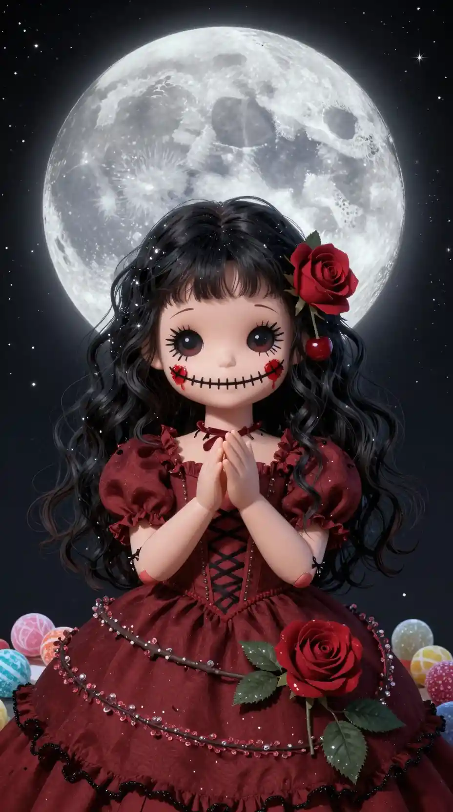 Sinister monster beneath a sugar moon in fantasy sky