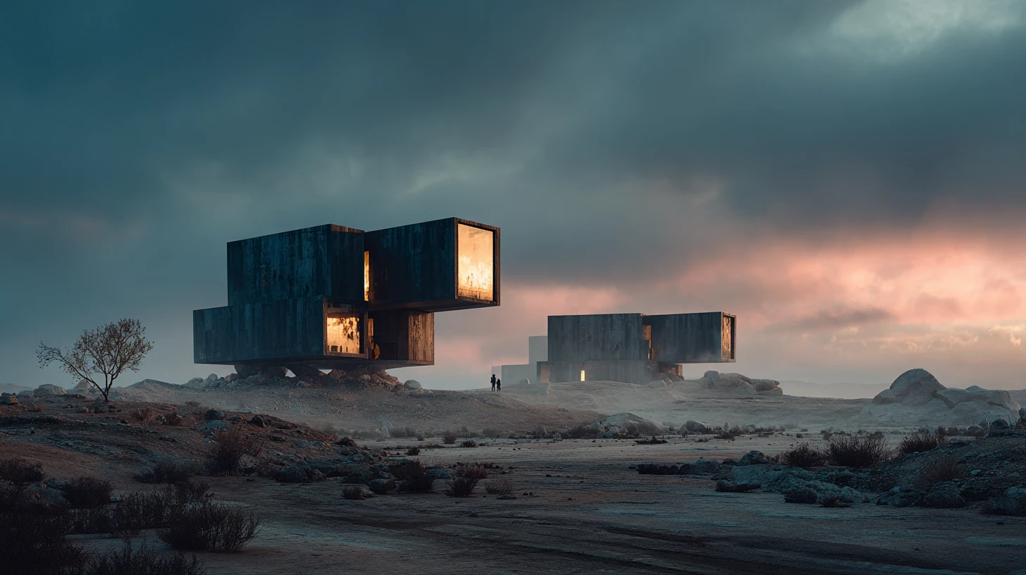 Arquitetura futurista de posto avançado em uma paisagem de deserto escuro