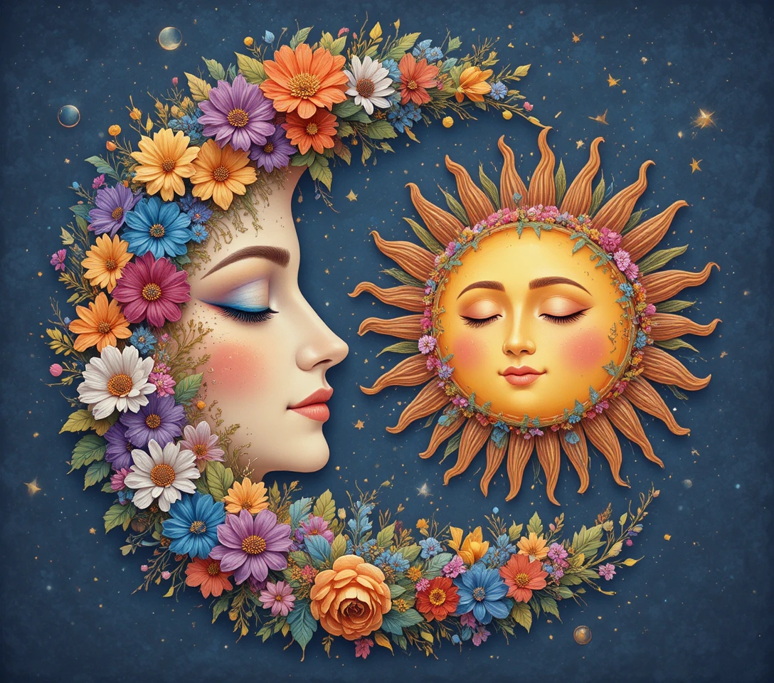 Lua Crescente e Sol com Rostos Celestiais Florais