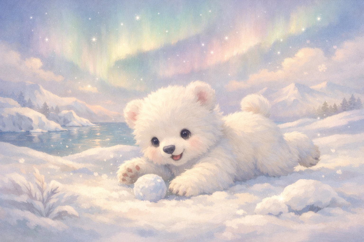 Filhote de urso-polar brincando em um cenário de berçário ártico dos sonhos