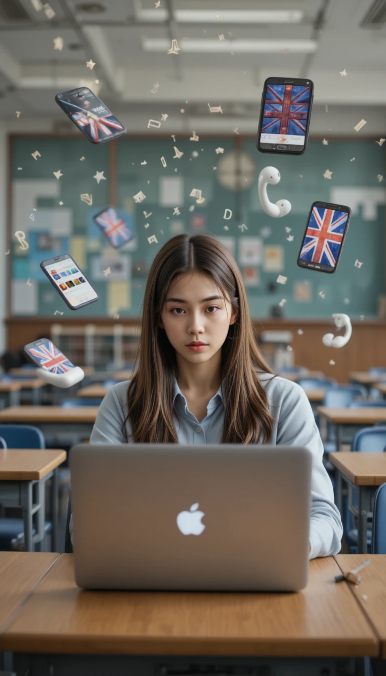 Japanese girl studying English in a modern blue classroom