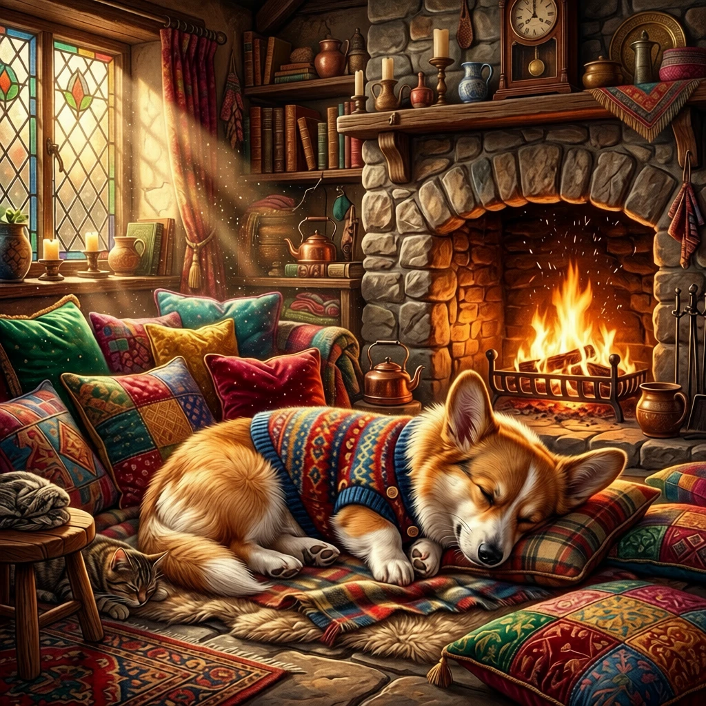 Corgi Enroscado Perto da Lareira em um Chalé Aconchegante
