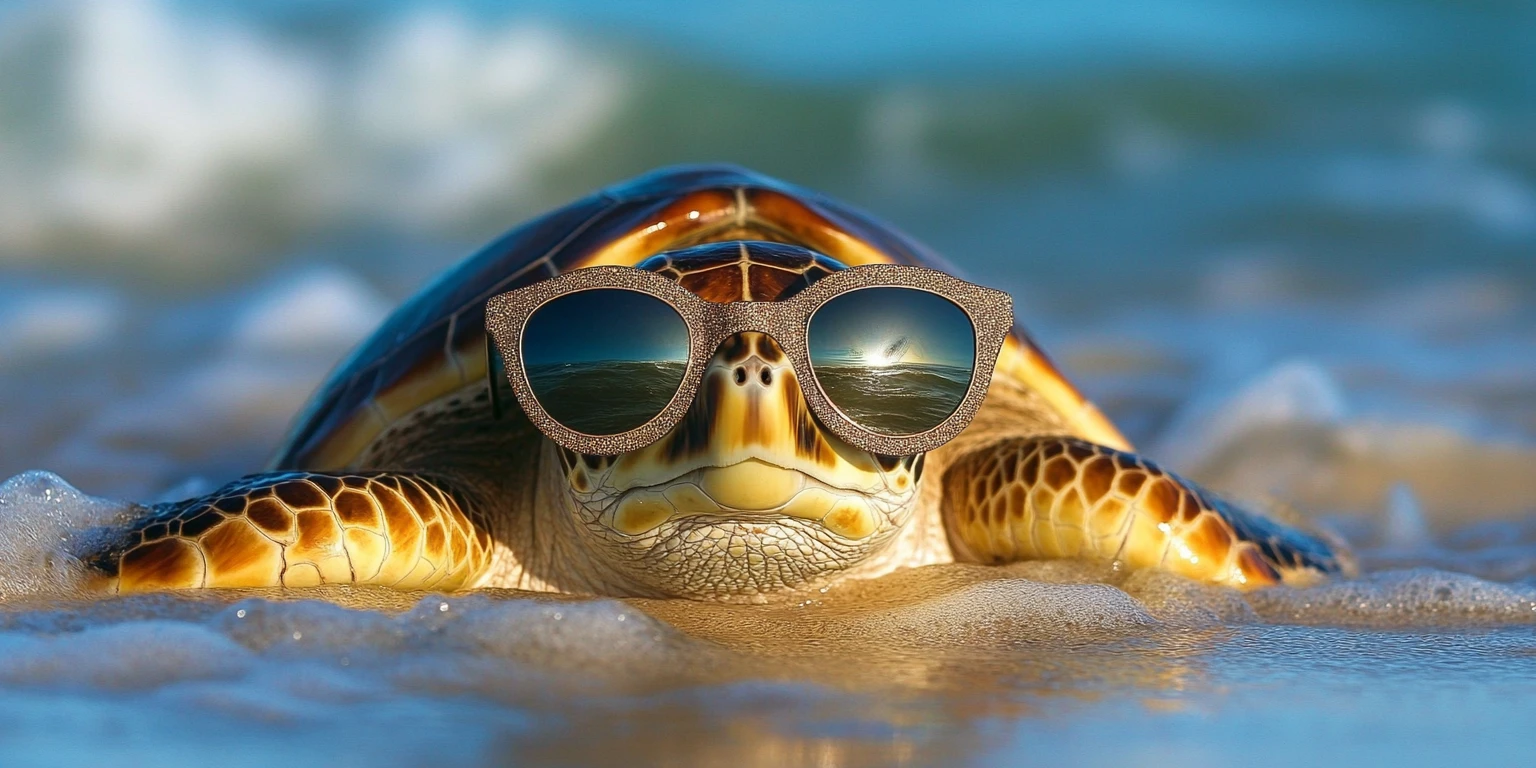 Stilvolle Meeresschildkröte mit Sonnenbrille an einem sonnigen Strand