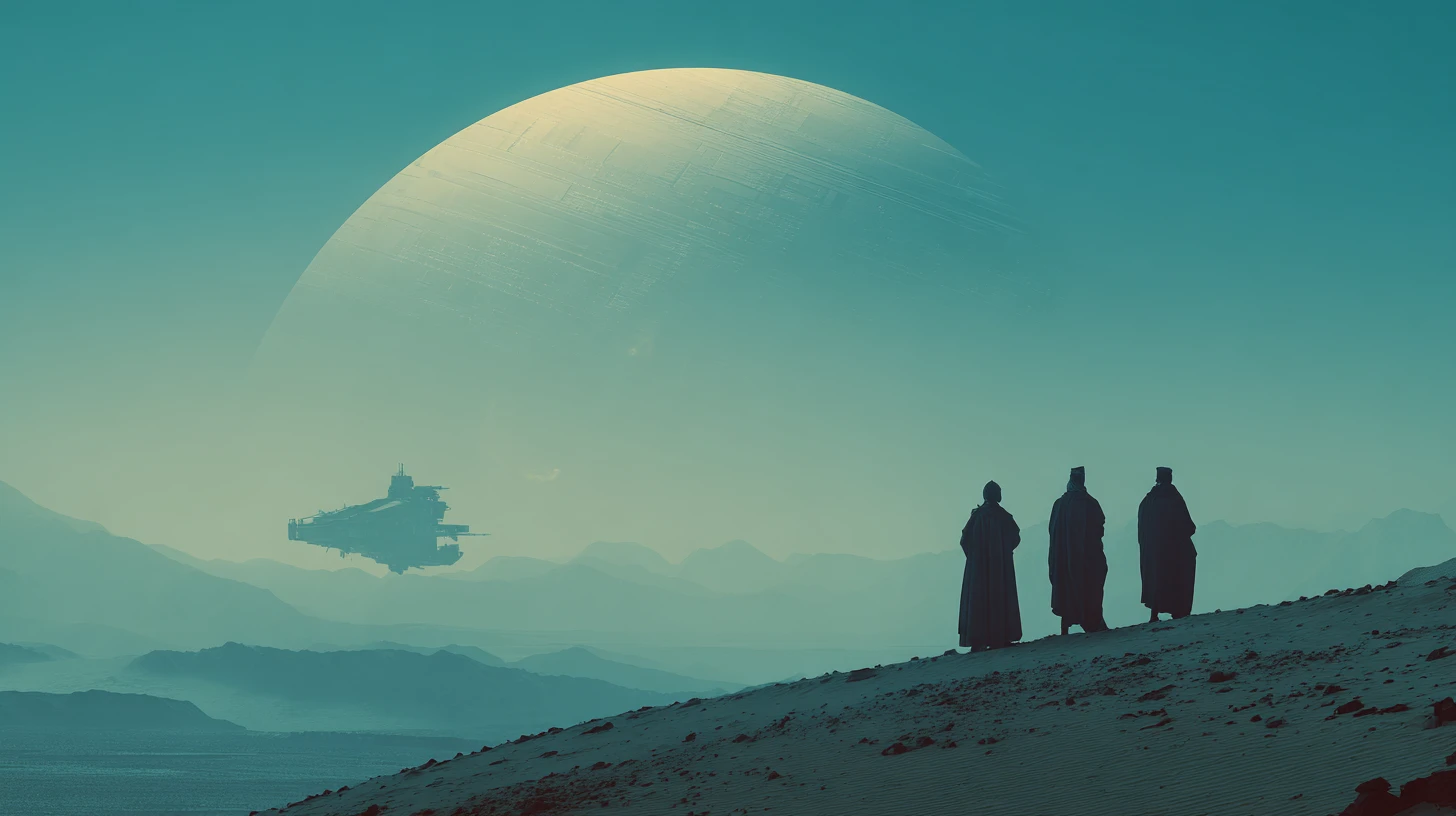 Middle aged man in futuristic spaceship cinematic scene