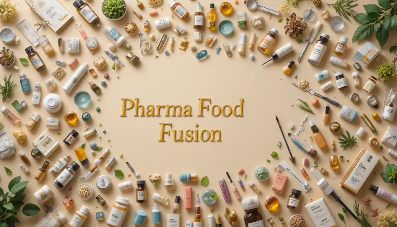 Flat lay de itens médicos ao redor de tipografia de pharma food