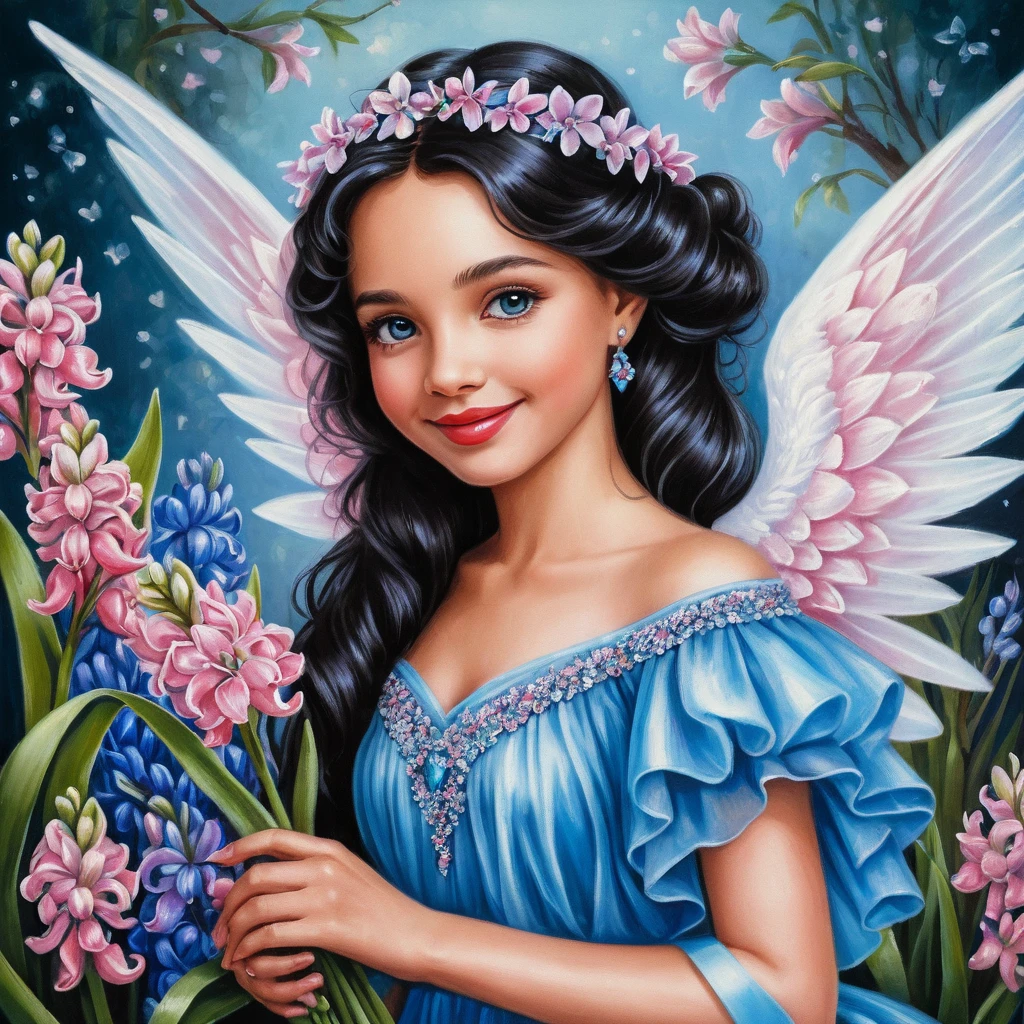 Ángel sonriente de primavera con ramo de jacintos rosas