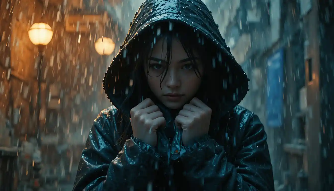 Femme en lourd manteau sous une pluie cinématographique dramatique