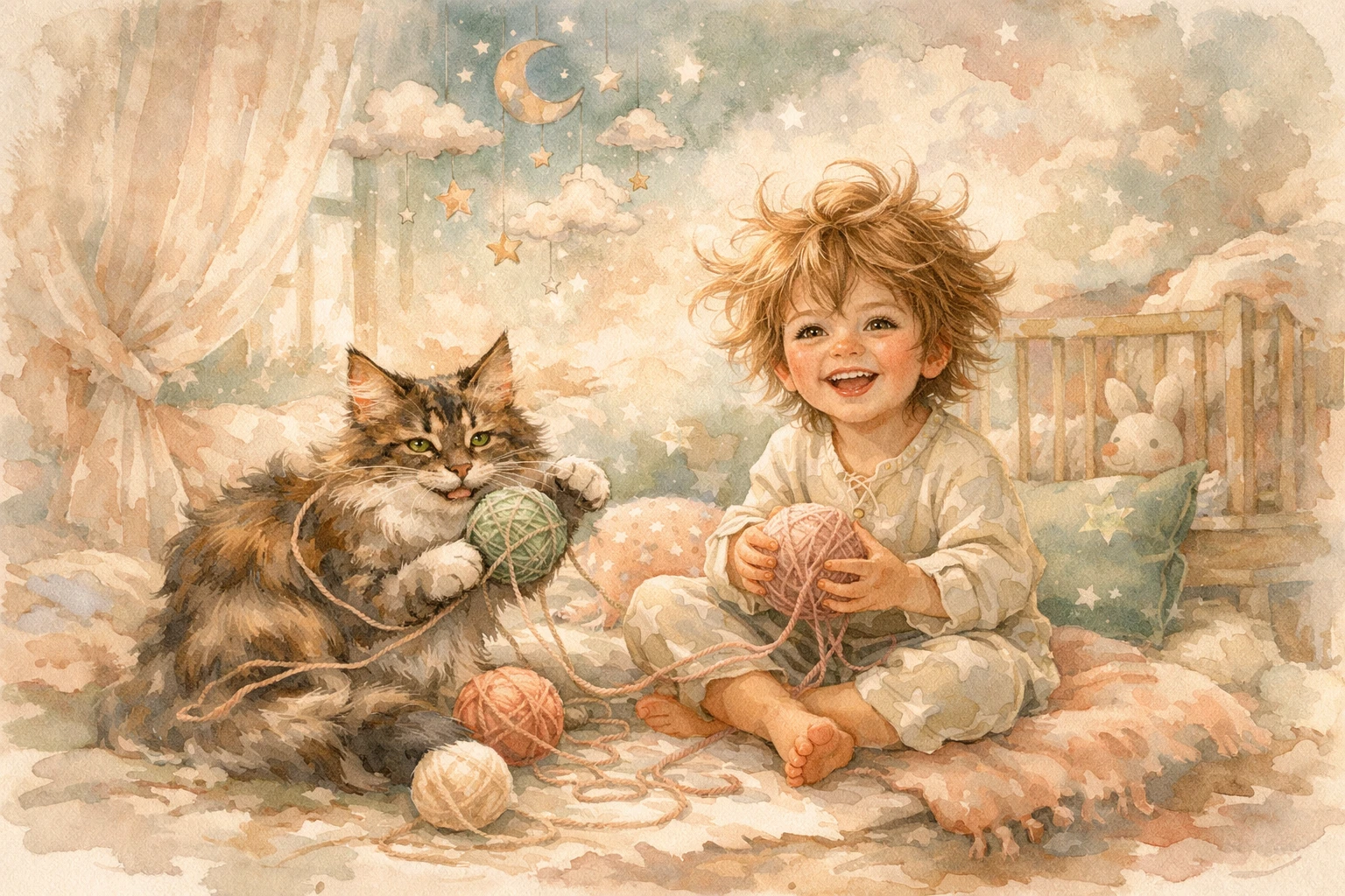 Enfant souriant et chat joueur dans un coin de chambre de bébé baigné de soleil