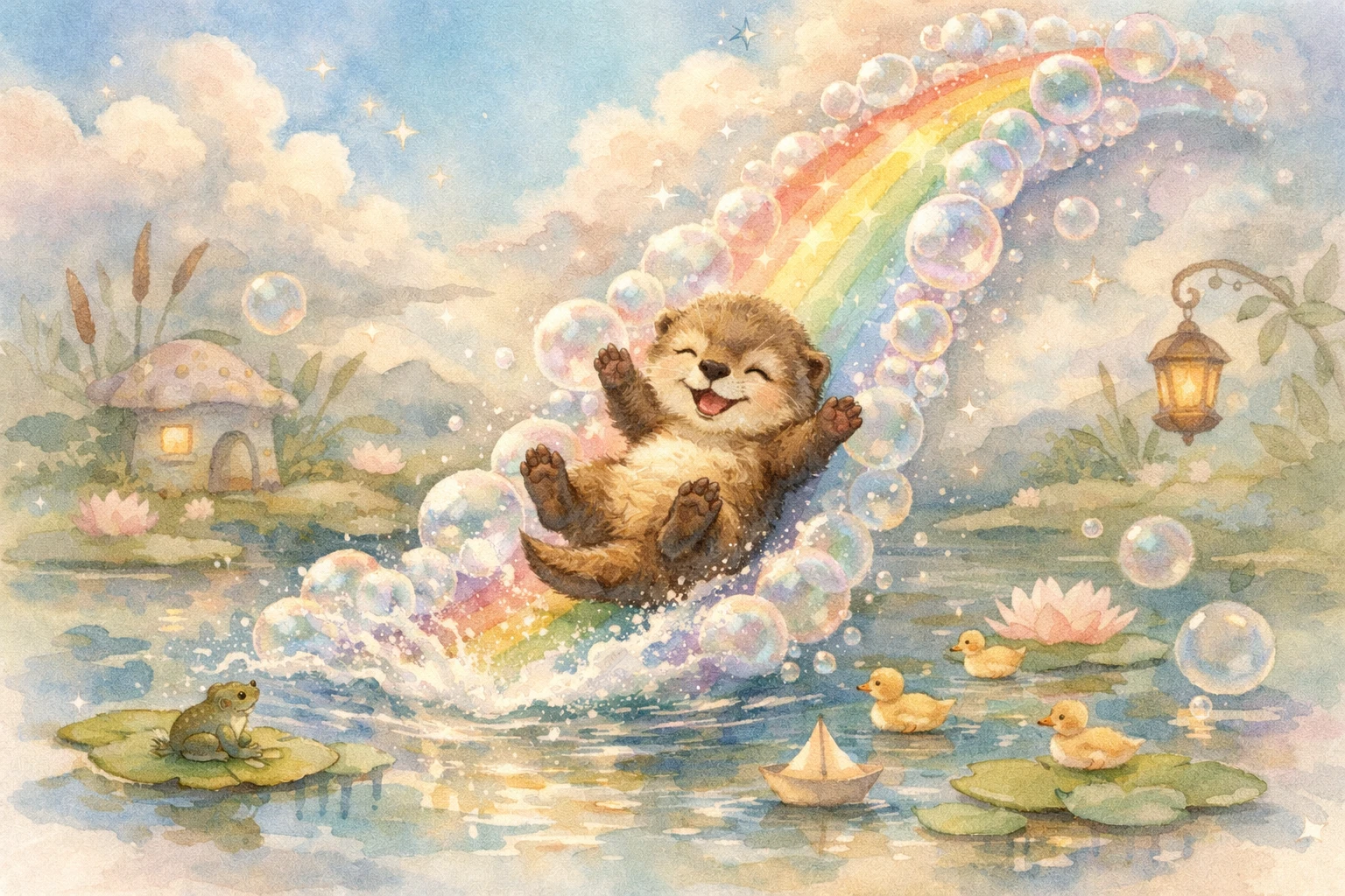 Cucciolo di lontra giocherellone che scivola su uno scivolo arcobaleno di bolle