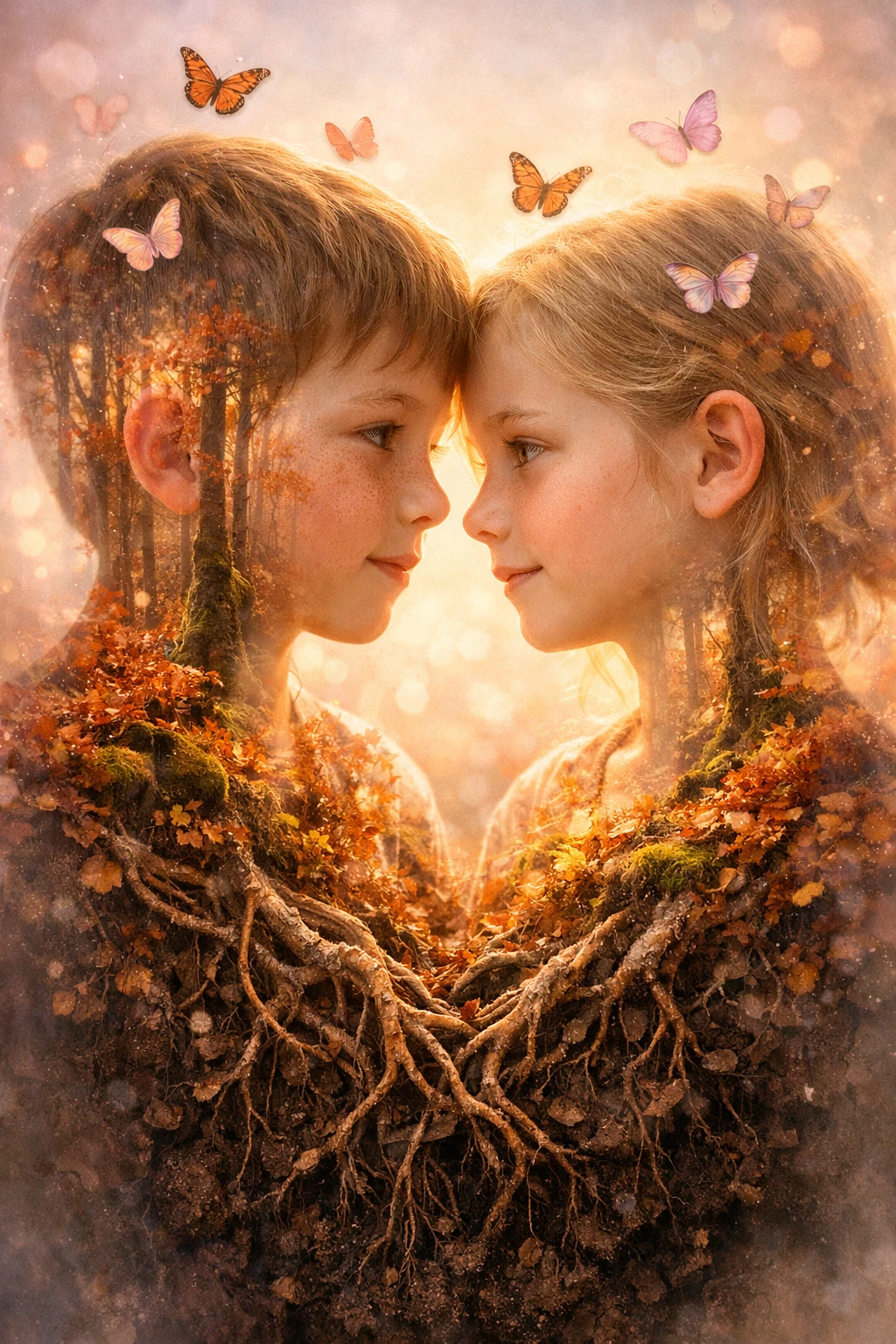 Doppelbelichtetes Porträt von Kindern mit Herbstwald