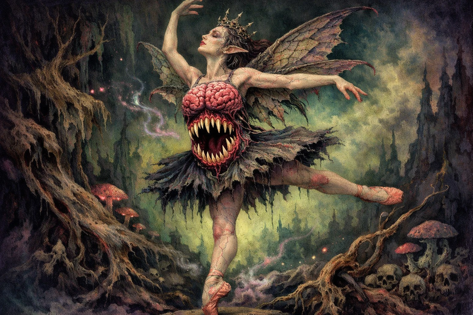 Dunkle Fantasy-Fee, die mit monströsen Körpermutationen tanzt