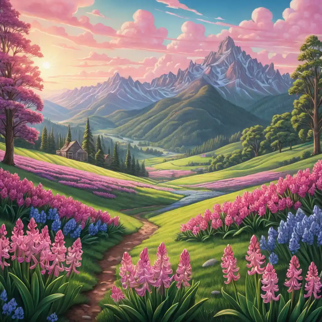 Sonnendurchflutete Wiese mit rosa Blumen und fernen Bergen