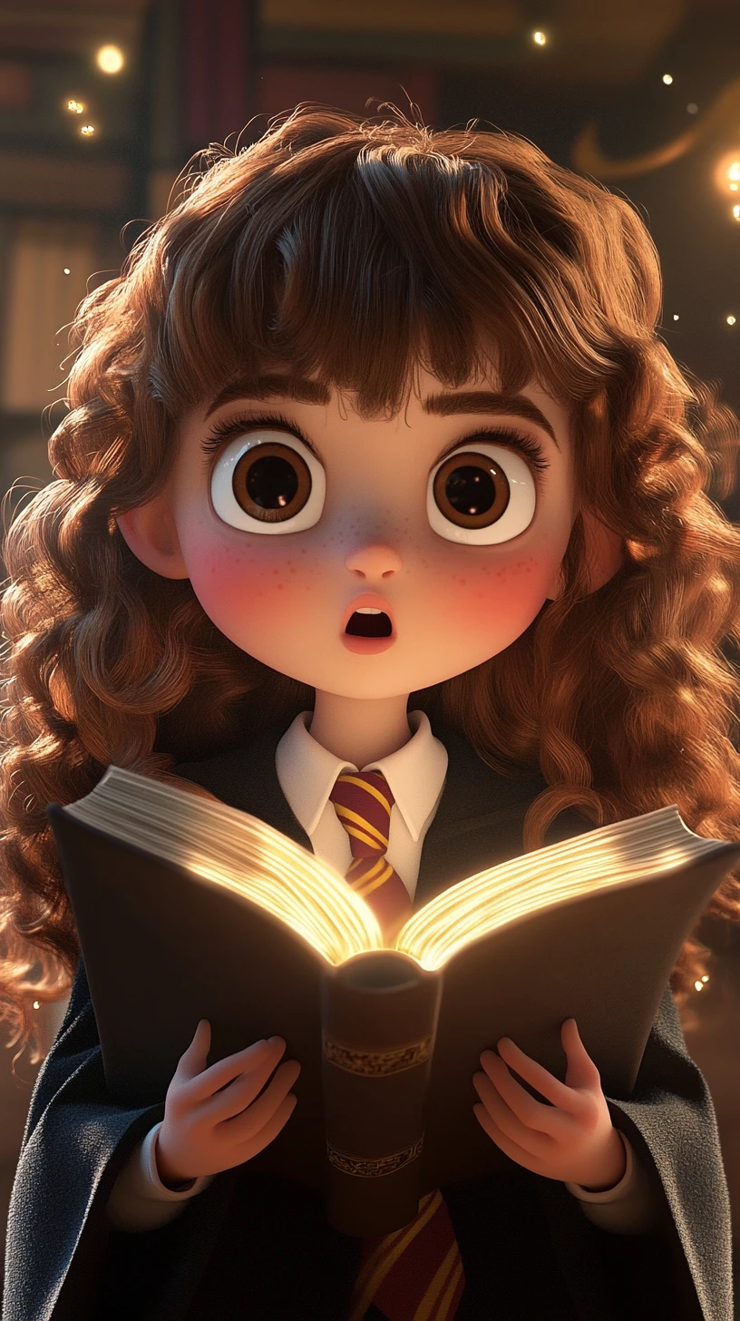 Garota bruxinha chibi fofa com grimório brilhante – retrato