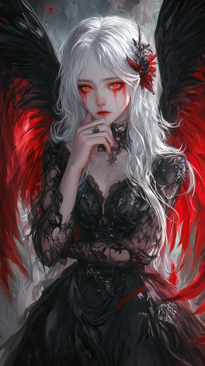 Fille d’anime gothique aux ailes rouges et au regard mélancolique