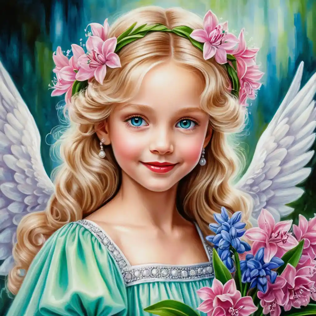 Niña ángel de primavera sonriente con ramo de jacintos rosas