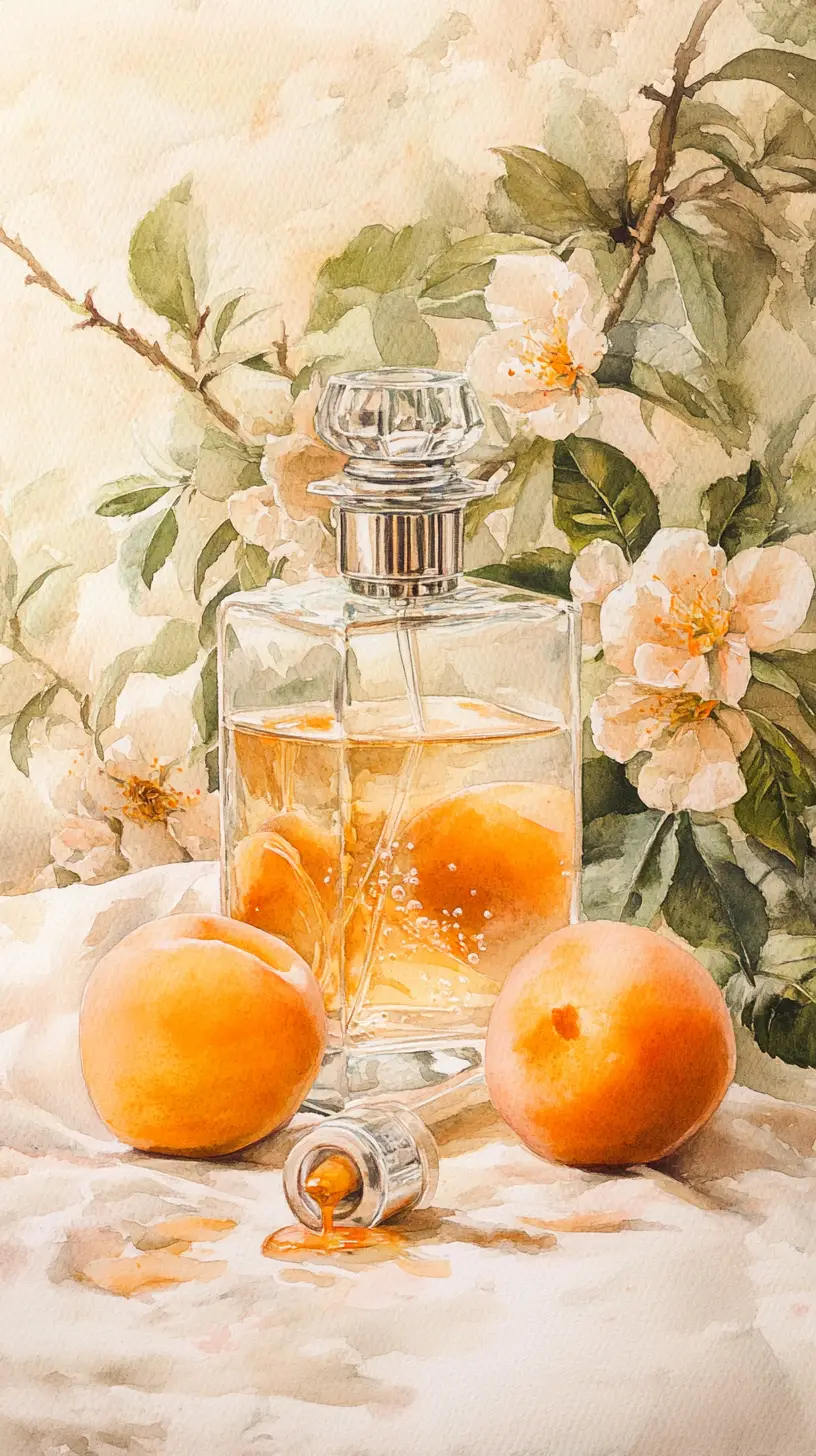 Delicate watercolor still life with apricots and perfume bottle