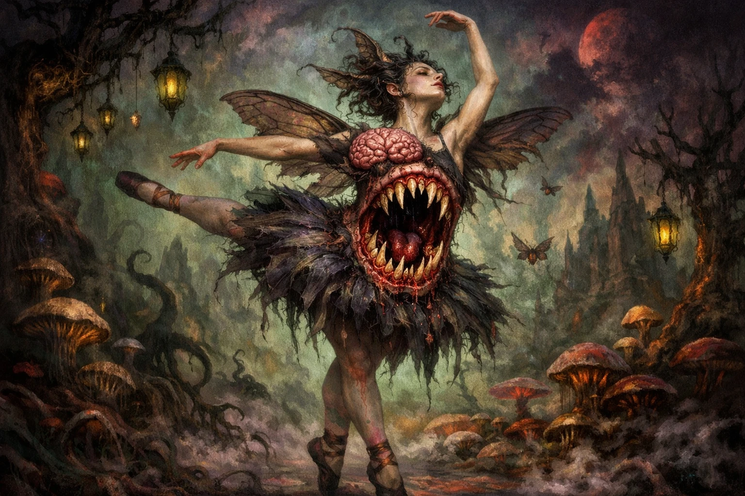 Surreal fae dancer with exposed brain and stomach maw
